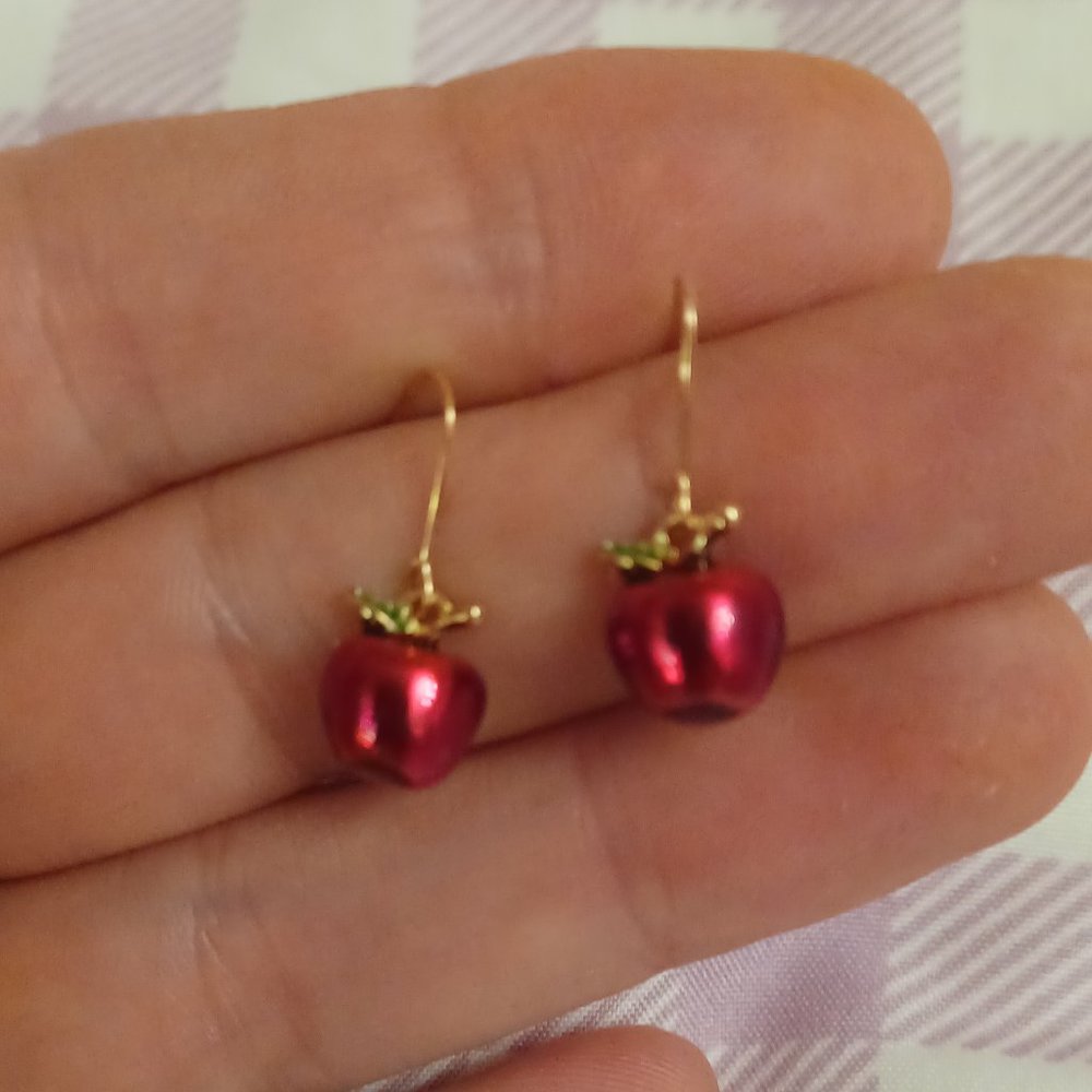 Tiny Red Metallic Dangle Spring Apples Earrings